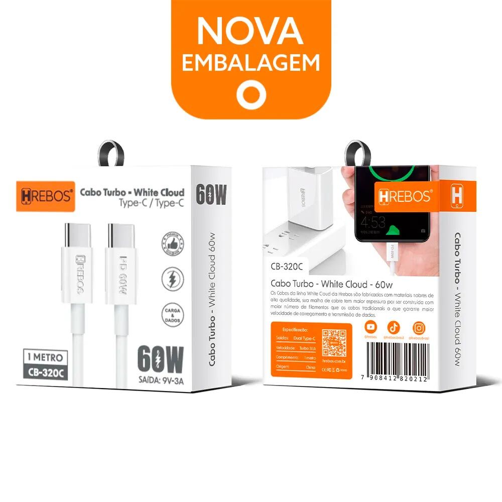15310128816-cb320.jpg Cabo Turbo USB Tipo C White Cloud & Black Cloud 60W CB-320C - Imagem 2
