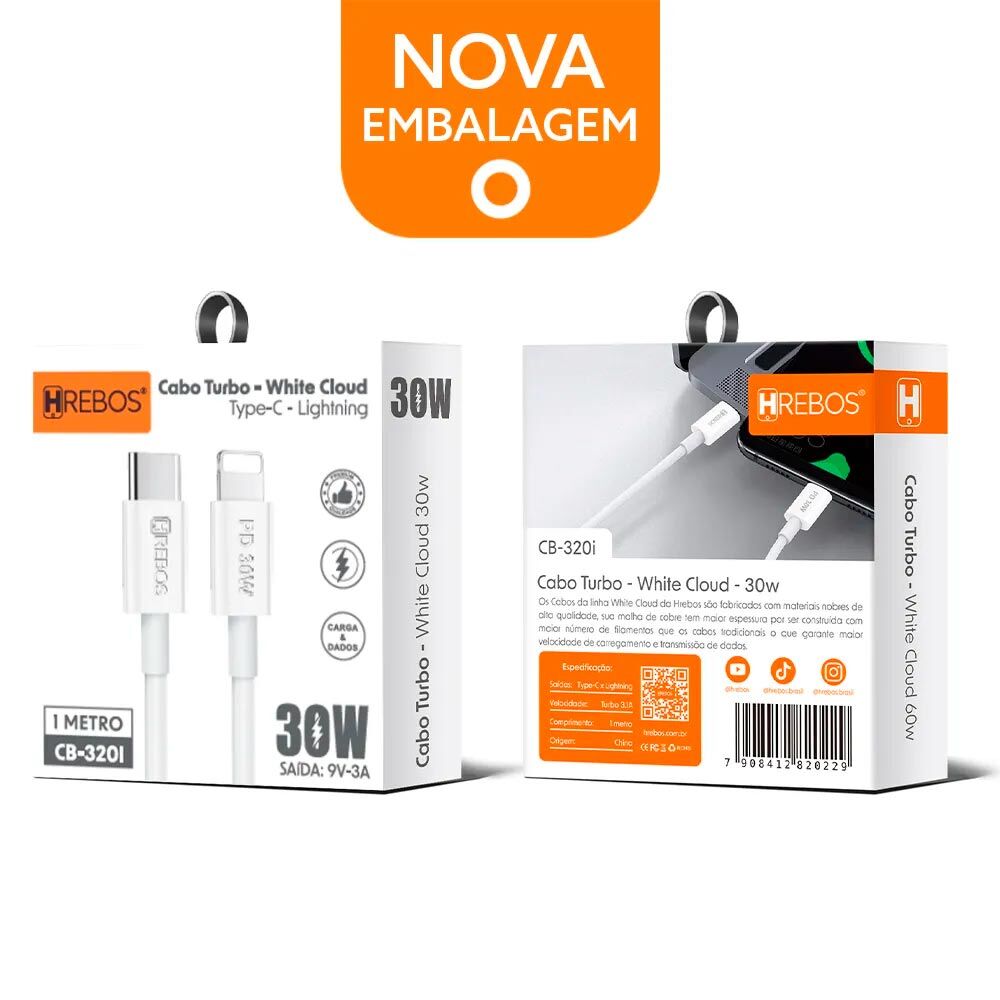 15310129555-cb320i-3.jpg Cabo Turbo USB Tipo C Lightning White Cloud & Black Cloud 30W para iPhone CB-320I - Imagem 1