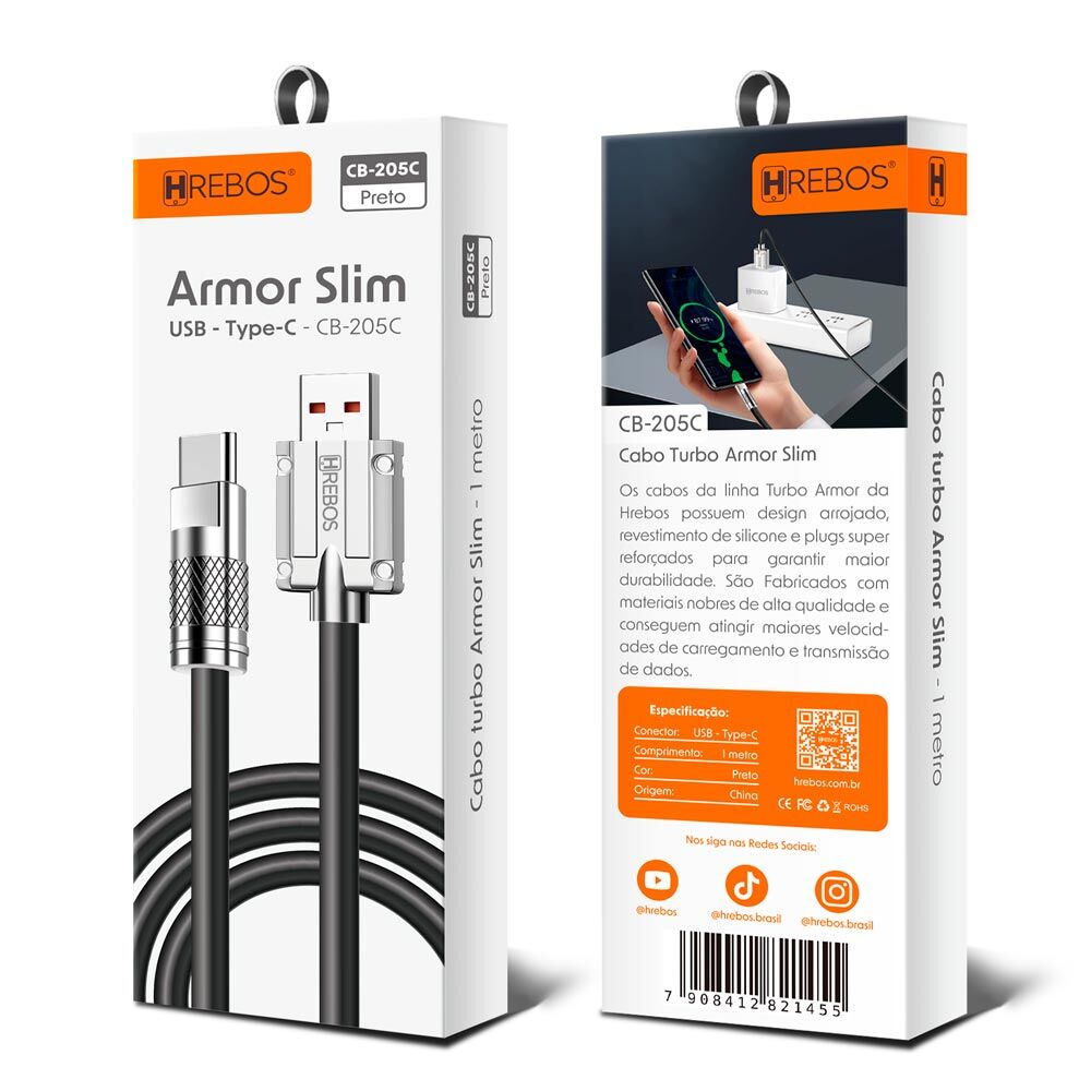 15310130856-arm001.jpg Cabo Turbo Armor Slim USB Tipo C – Carregamento Rápido CB-205C - Imagem 1