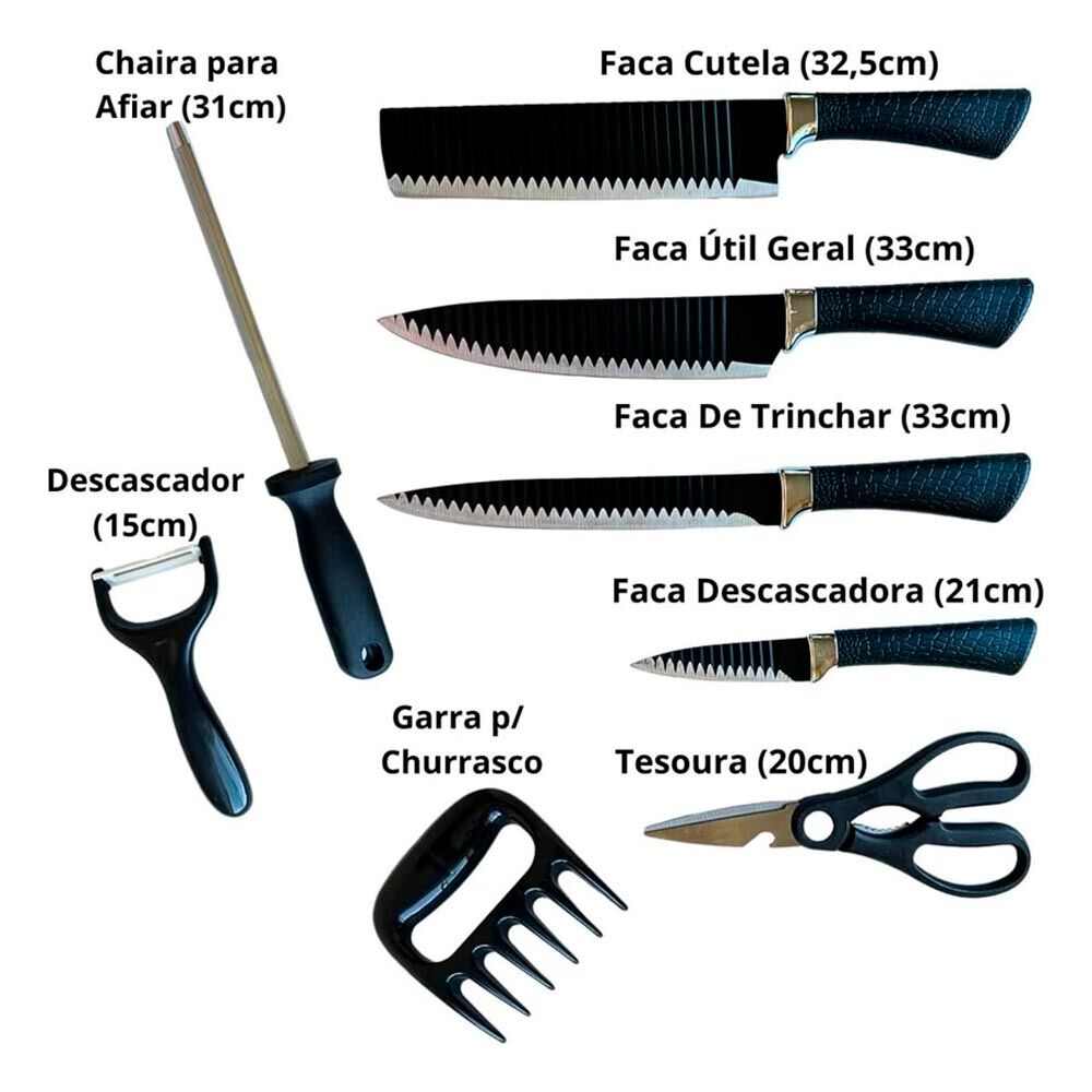 15318973281-kit-facas-bmax-2.jpg Kit Completo do Chef - Conjunto de Facas e 8 Acessórios para Churrasco e Cozinha em Aço Inox | Inclui Facas, Amolador e - Imagem 2