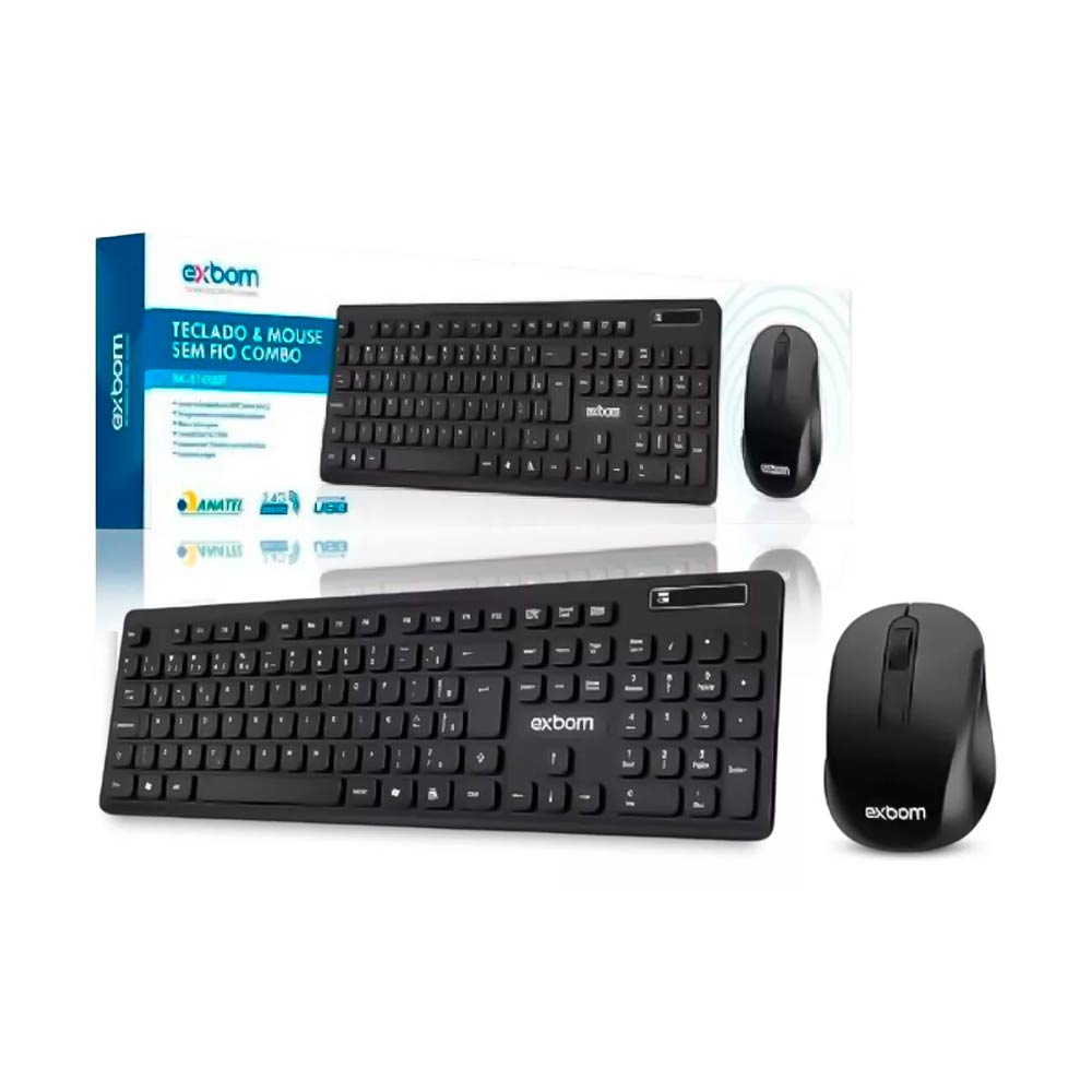 15339234381-exbom-1000f2.jpg Kit Teclado e Mouse Sem Fio ABNT2 2.4GHz BK-S1000F Exbom - Imagem 1