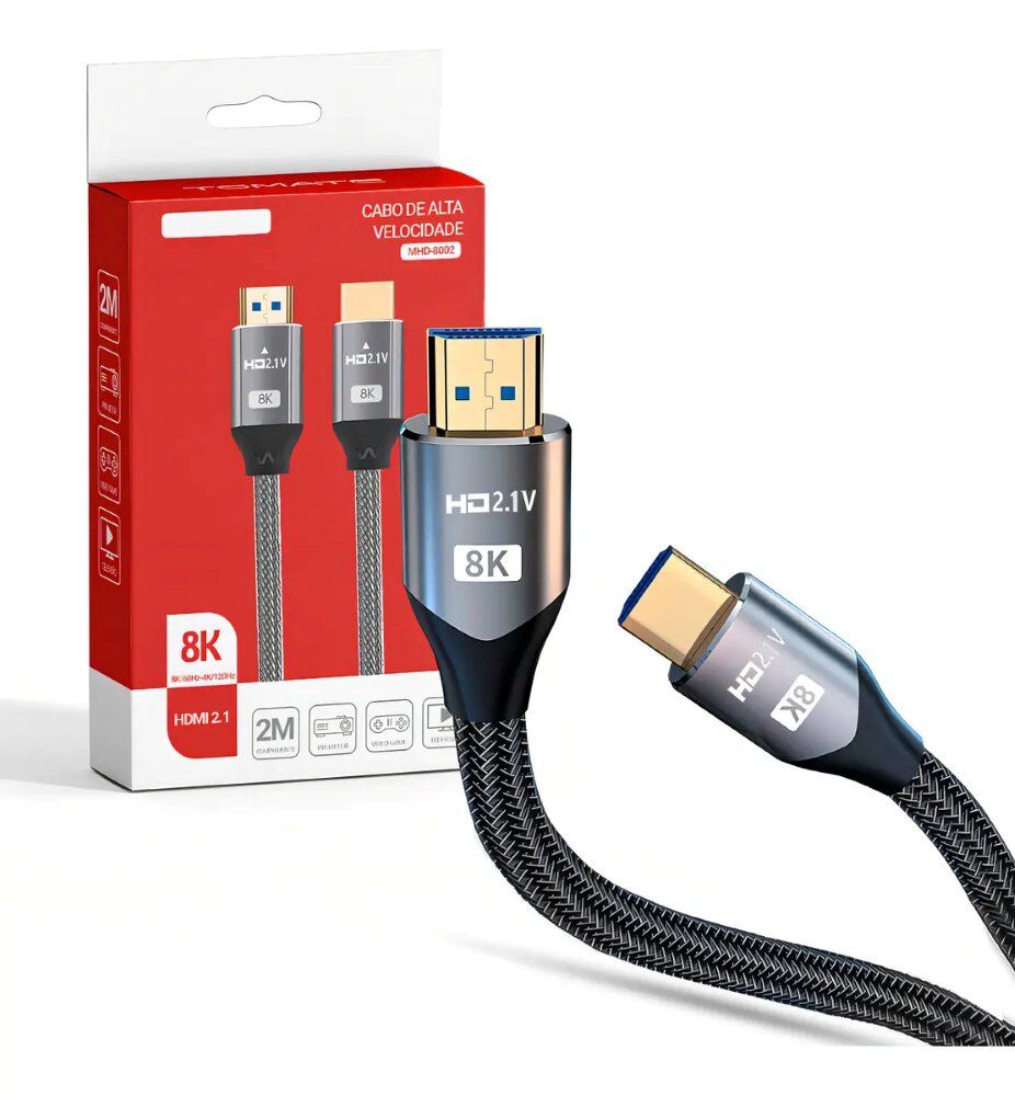 0FBE82CC8119548A54C05EE57CF99CF3.jpg Cabo HDMI 2.1 Tomate 8K 2 Metros Ultra HD Conector Banhado a Ouro para PS5, Xbox e Smart TV - Imagem 3