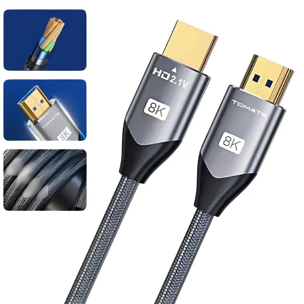 4D493B40FB072F119C64BF557F91E620.jpg Cabo HDMI 2.1 Tomate 8K 2 Metros Ultra HD Conector Banhado a Ouro para PS5, Xbox e Smart TV - Imagem 1