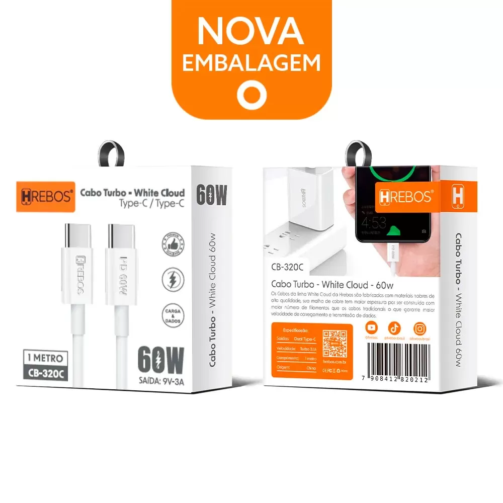 15310128816-cb320.jpg Cabo Turbo USB Tipo C White Cloud & Black Cloud 60W CB-320C - Imagem 2