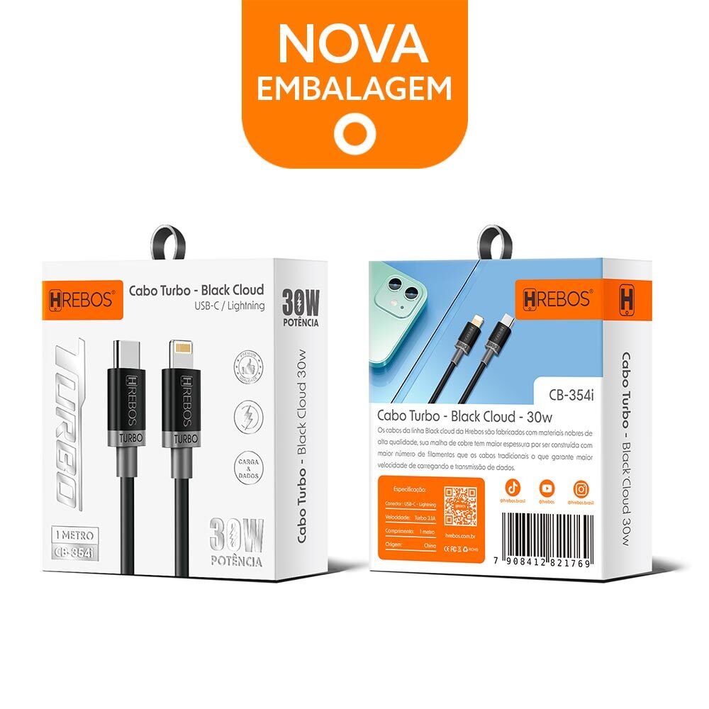 15310129553-cb320i-1.jpg Cabo Turbo USB Tipo C Lightning White Cloud & Black Cloud 30W para iPhone CB-320I - Imagem 2
