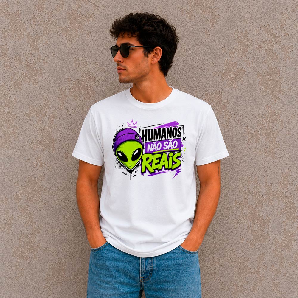 A42EF5D607D71E84ACD31E97E4D0D598.jpg Camiseta Humanos Não São Reais Alien Pop Art | Camisa Masculina Geek Streetwear 100% Algodão Fio 30.1 - Imagem 1